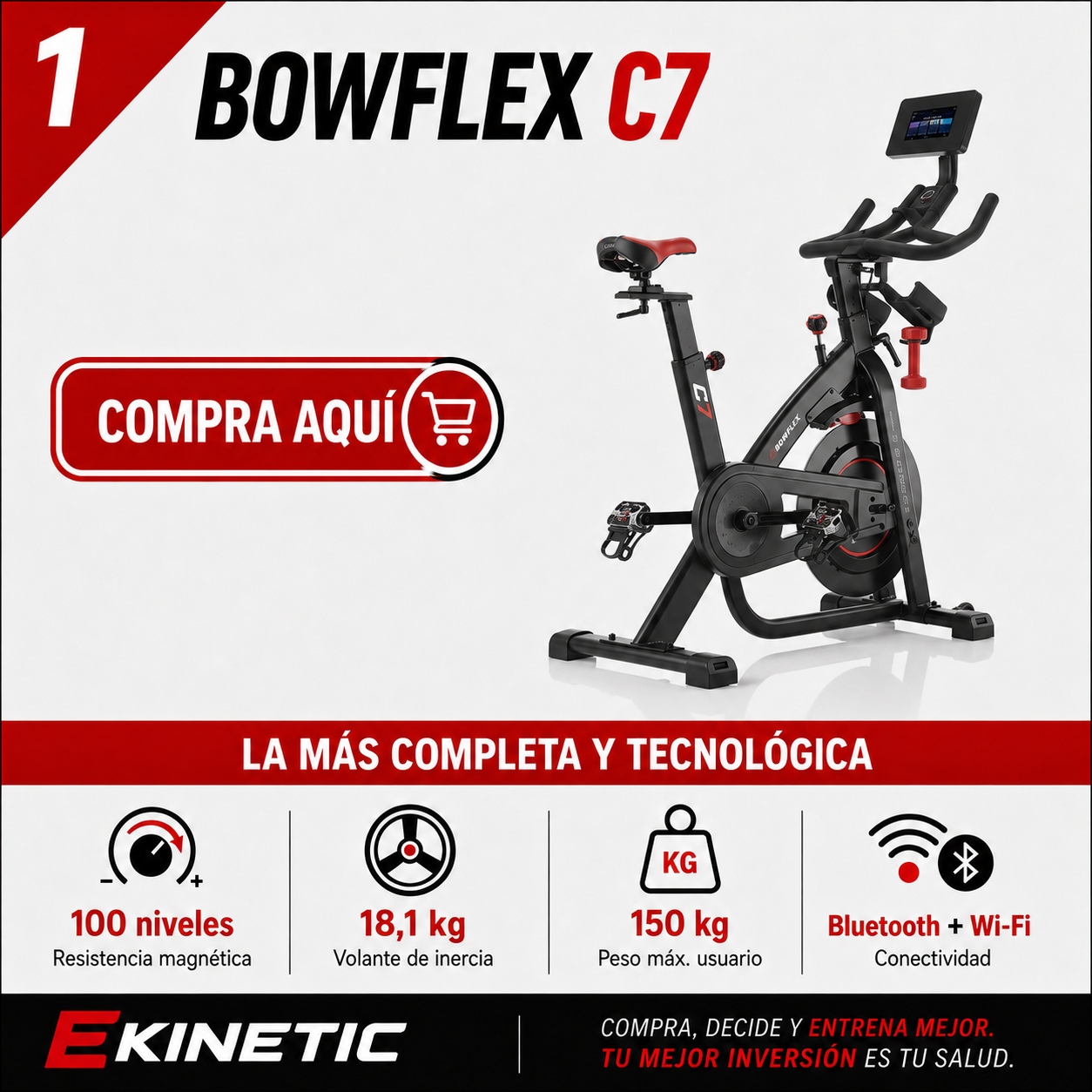 Bicicleta de spinning BowFlex C7 con resistencia magnética y pantalla táctil